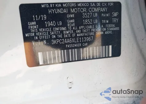 2020 Hyundai Accent Se z USA, uszkodzony, nr VIN 3KPC24A6XLE113967